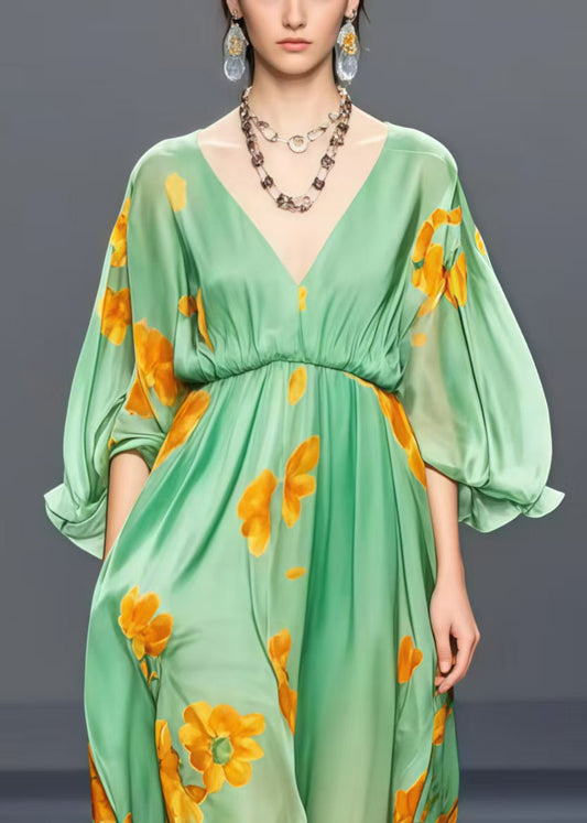 Loose Grass Green V Neck Silk Long Dress Lantern Sleeve