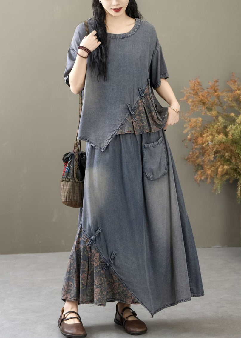 Blue Print T Shirt and Skirts Two Piece Set Short Sleeve
