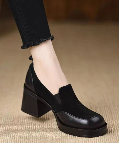 Faux Leather Chunky Splicing Black Loafer Shoes
