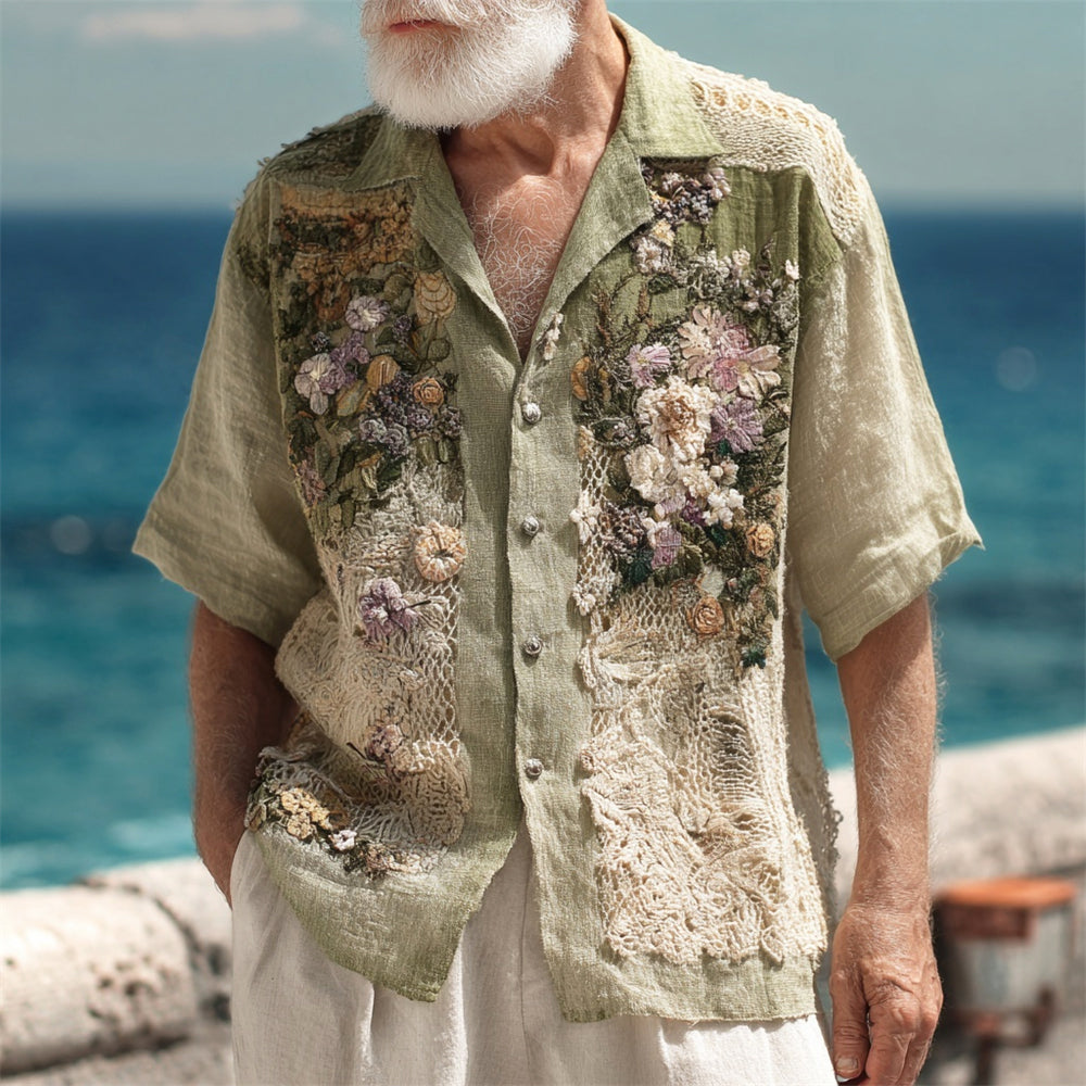 Vintage Boho Lace Floral Art Men's Linen Short Sleeve Shirt elevenforest
