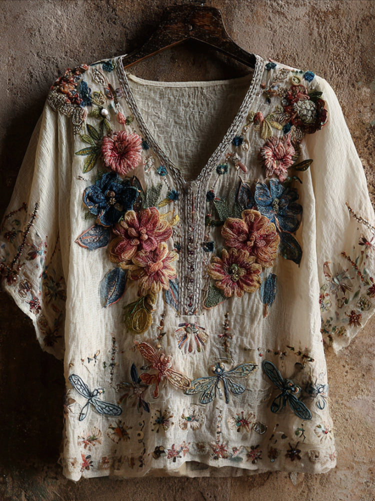 Bohemian Style Vintage Color Plant Flower Embroidery V-neck Short-sleeved Shirt elevenforest