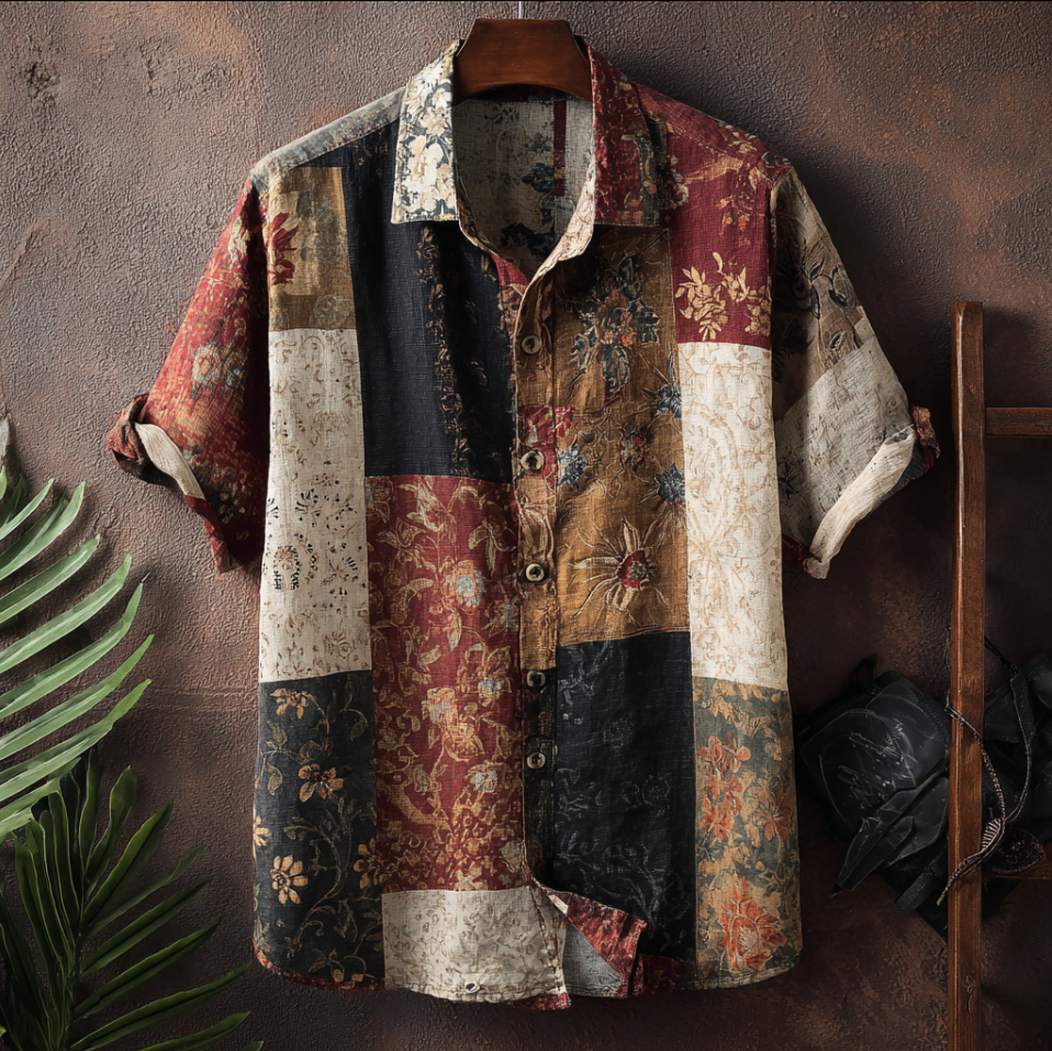 Western Style Bohemian Plant Flower Pattern Color Block Patchwork Retro Cotton And Linen Men's Shirt elevenforest