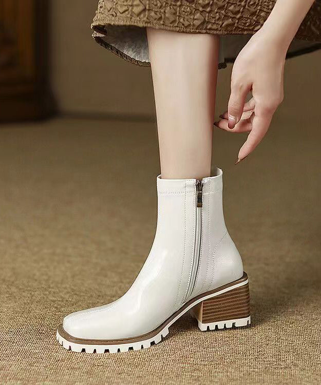 Army Green Zippered Chunky Heel Boots Sheepskin