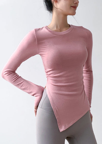 New Pink O-neck Asymmetrical Long Sleeve Fitting Workout Tops