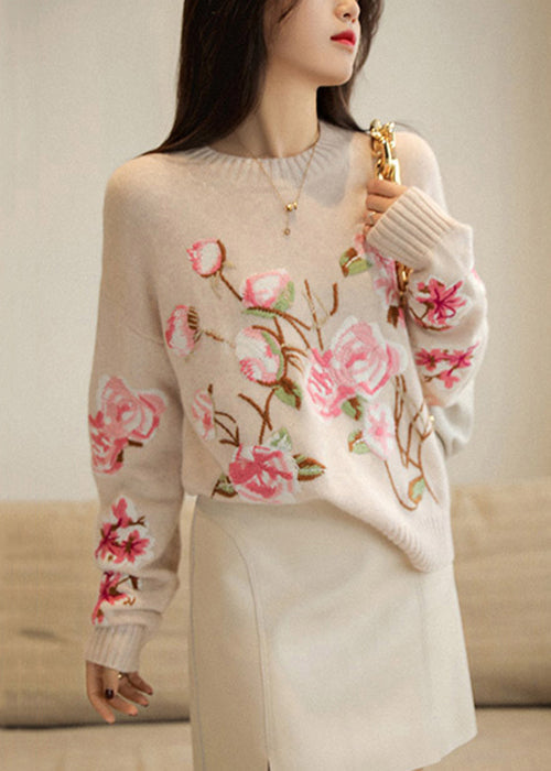 Apricot O-neck Embroidered Patchwork Woolen Top Fall
