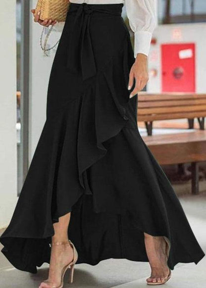 Red Color High Waist Ruffle High Low Hem Swing Maxi Skirts for