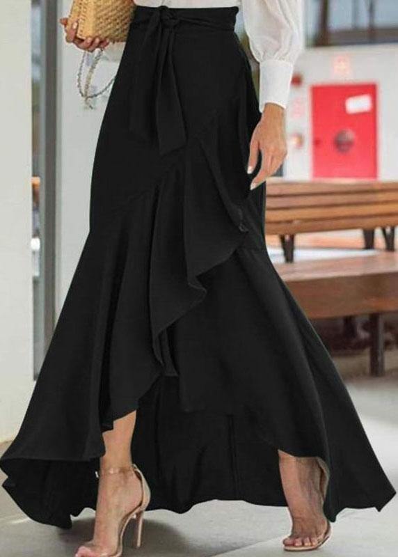 Red Color High Waist Ruffle High Low Hem Swing Maxi Skirts for