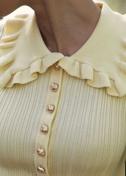 Slim Fit Yellow Peter Pan Collar Ruffled Knit Dresses Summer