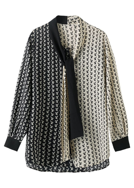 Black V Neck Contrast Color Print Chiffon Shirt Fall