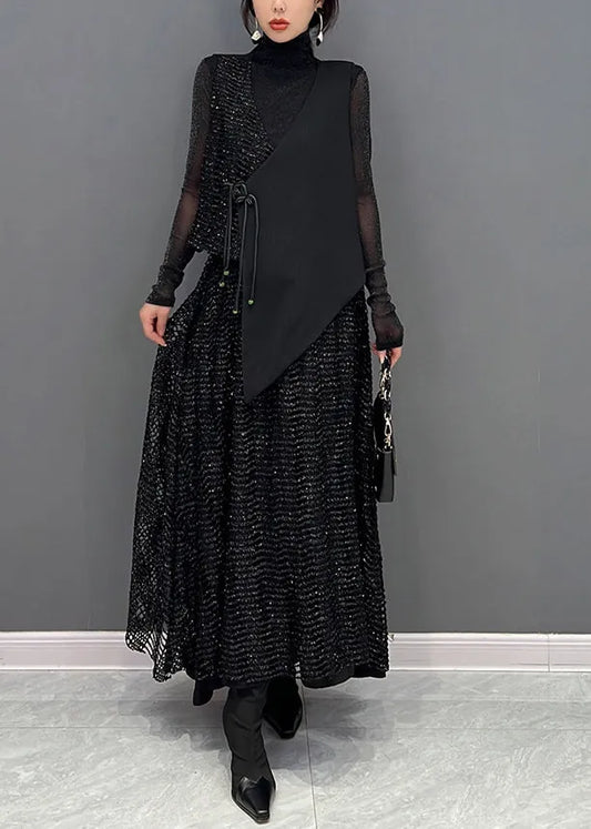 Autumn New Black Sleeveless Vest and Skirts Two Piece Set
