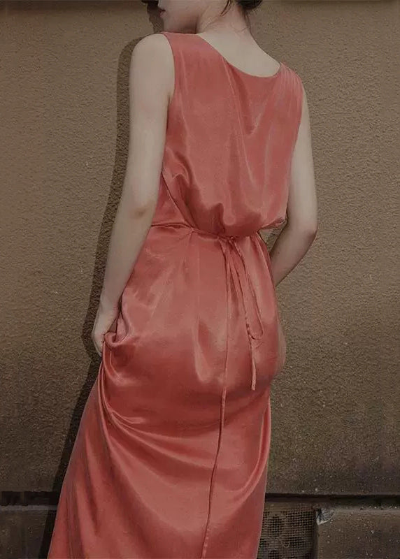 Orange Lace Up Silk Long Dresses Sleeveless