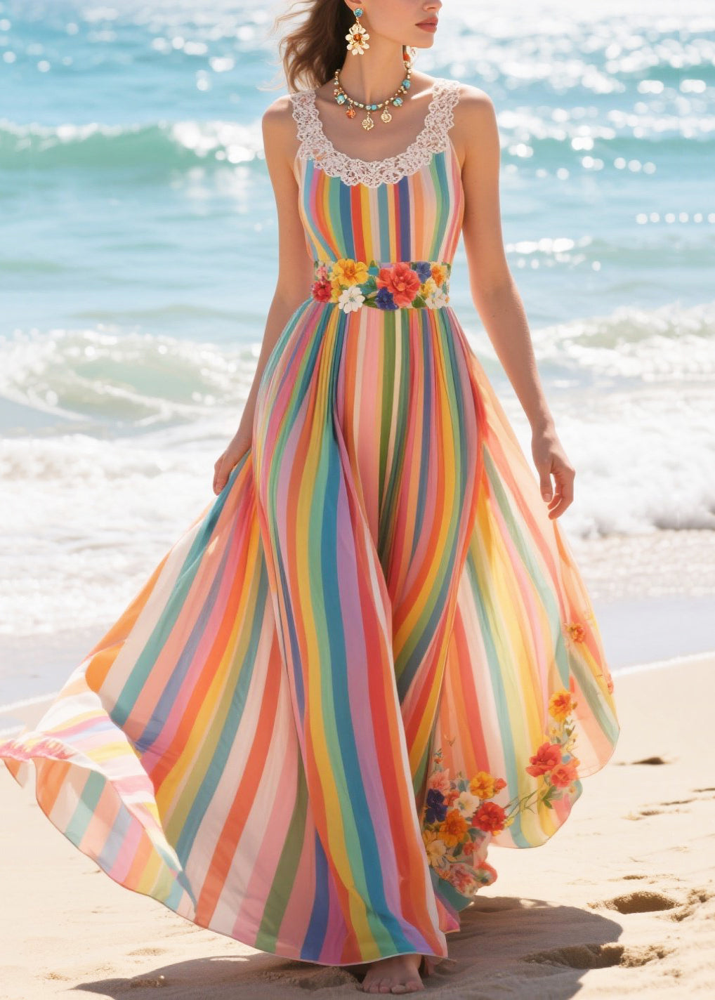Rainbow Striped Exra Large Hem Chiffon Beach Dresses Summer