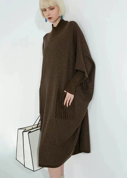 Coffee Turtle Neck Patchwork Pockets Wool Sweater Dress Long Sleeve