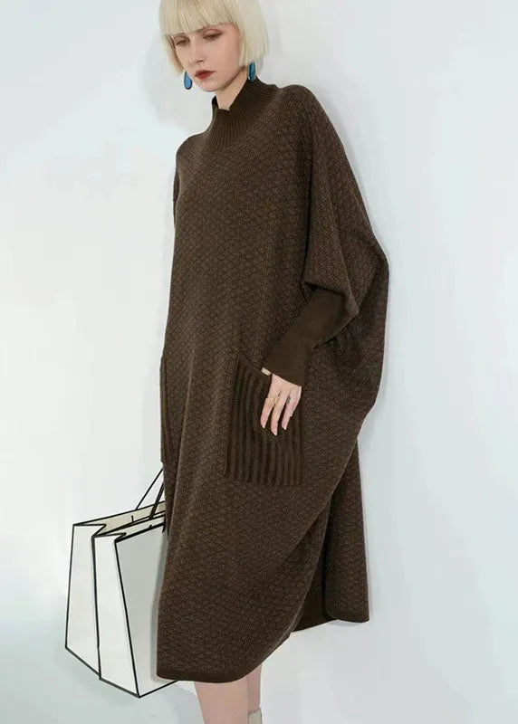 Coffee Turtle Neck Patchwork Pockets Wool Sweater Dress Long Sleeve