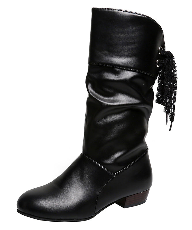 European and American Style White Chunky Lace Up Splicing Boots
