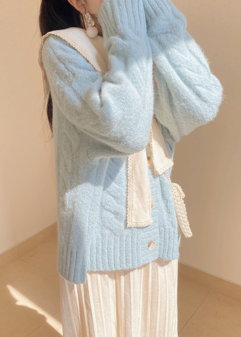 Light Blue Bow Collar Cozy Knit Sweater Tops Winter