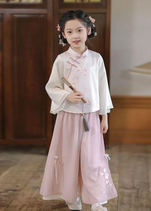 Chinese Style Pink Stand Collar Print Shirts and Maxi Skirts Two Pieces Set Spring