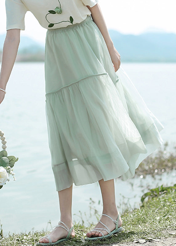 Light Green Patchwork Elastic Waist Organza a Line Skirts Summer