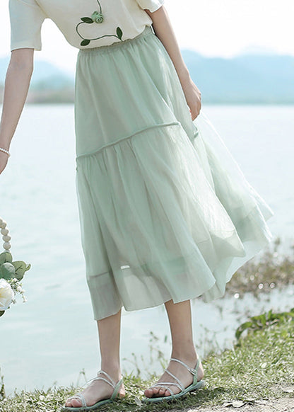 Light Green Patchwork Elastic Waist Organza a Line Skirts Summer
