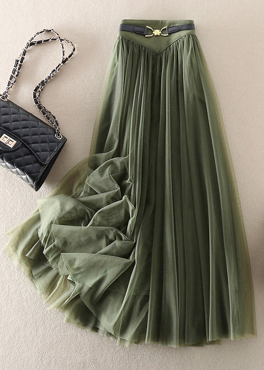 Green Wrinkled Elastic Waist Patchwork Tulle Skirts Fall