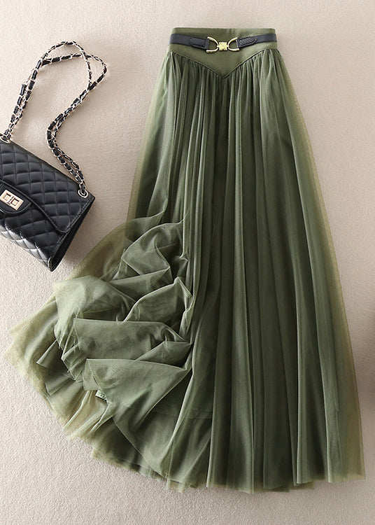 Green Wrinkled Elastic Waist Patchwork Tulle Skirts Fall