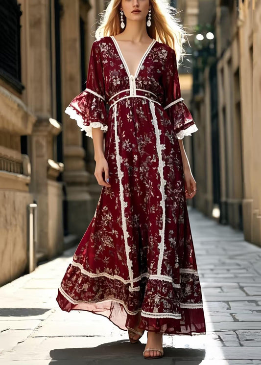Mulberry Print Lace Patchwork Silk Long Dress Summer