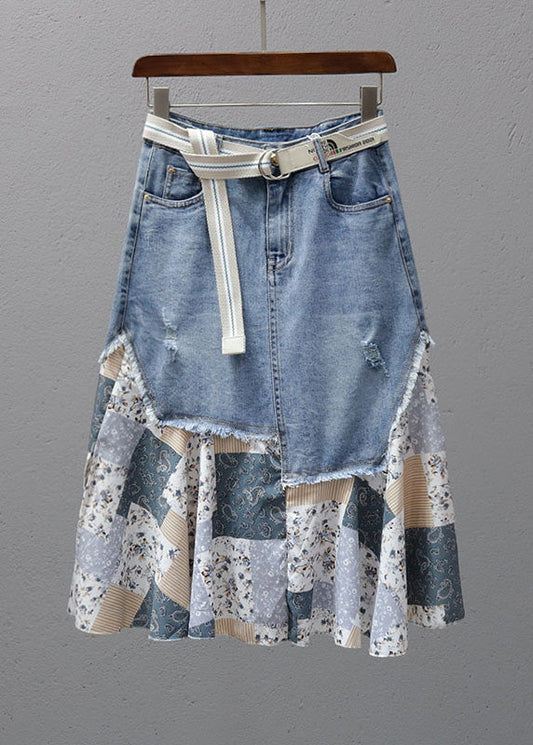 Denim Blue Print Patchwork High Waist Maxi Skirt Summer