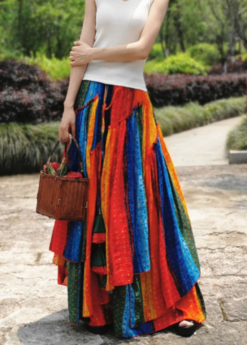 Multi Color Wrinkled Patchwork Exra Large Hem Cotton Maxi Skirt Spring