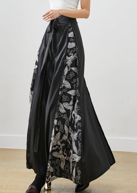 Stylish Black Tie Waist Patchwork Silk a Line Skirts Fall