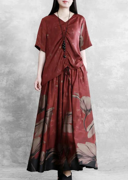 Style Female V-neck Red Large Size Was Thin Shirt + Skirt Pants