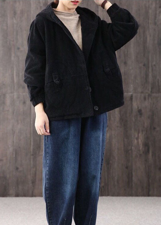 Black Warm Fine Cotton Filled Corduroy Hooded Coat Winter