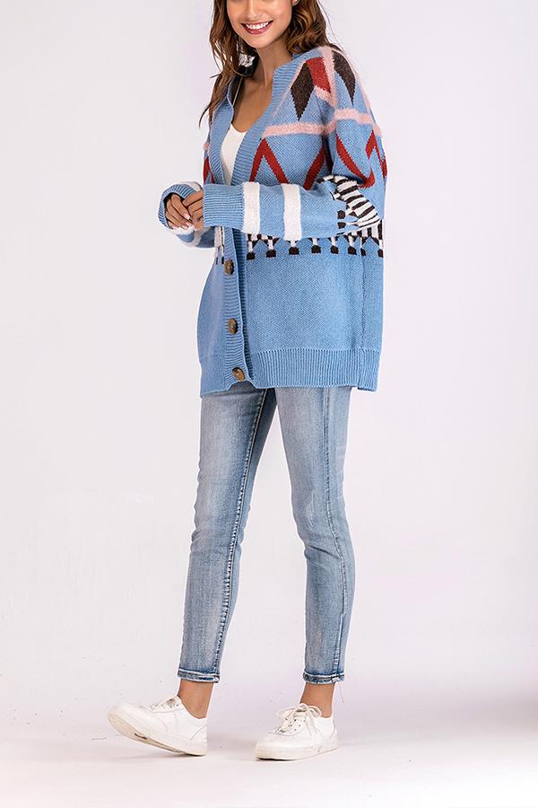 Geometric V Neck Loose Cardigan