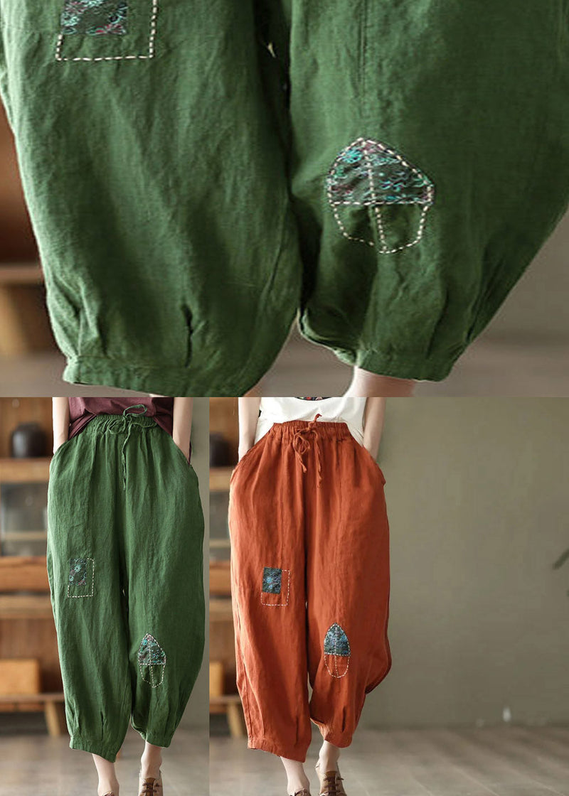 Green Pockets Print Elastic Waist Linen Harem Pants Summer
