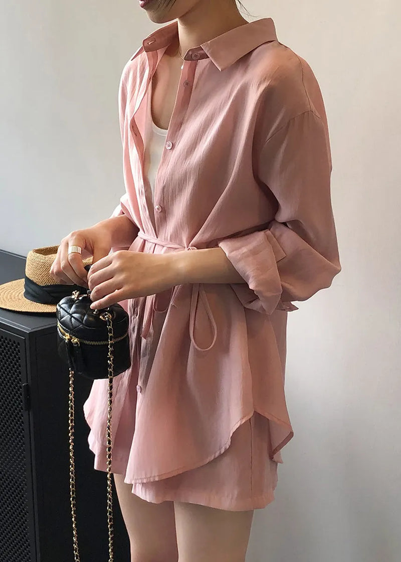 Loose Pink Lace Up Pockets Shirts and Shorts Silk Two Pieces Set Spring