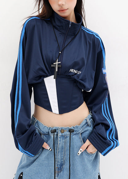 American Style Navy Stand Collar Lace Up Short Coat Fall