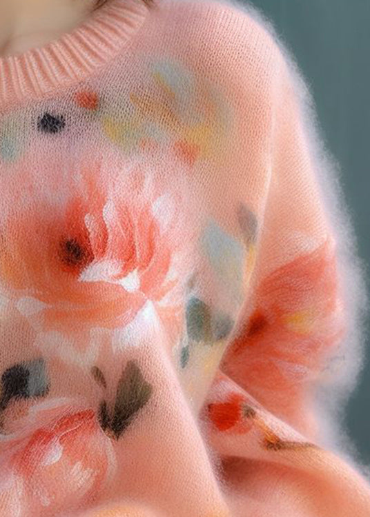 New Pink O Neck Thick Print Cotton Blendt Sweater Fall