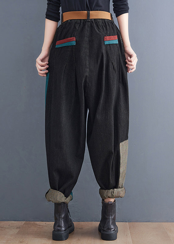 Colorblock Pockets Patchwork Cotton Denim Harm Pants Summer