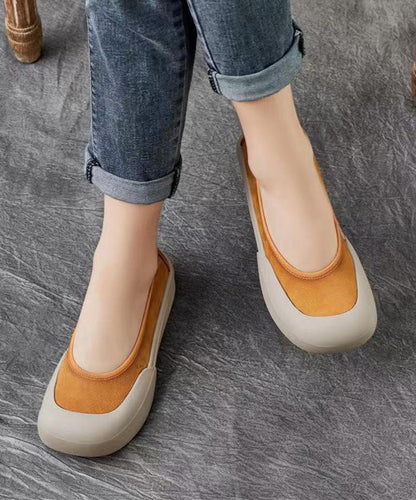 Comfy Yellow Cowhide Leather Splicing Flat Shoes