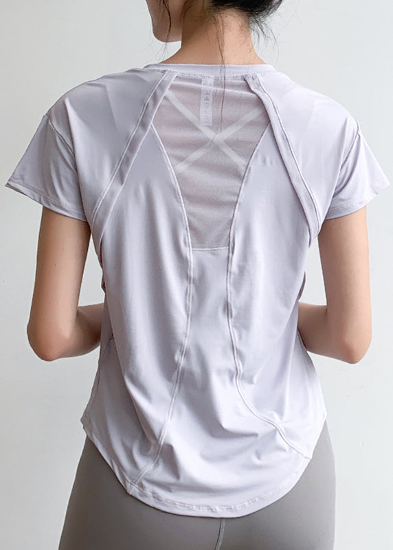 Light Blue Tulle Patchwork Short Sleeve Yoga Top
