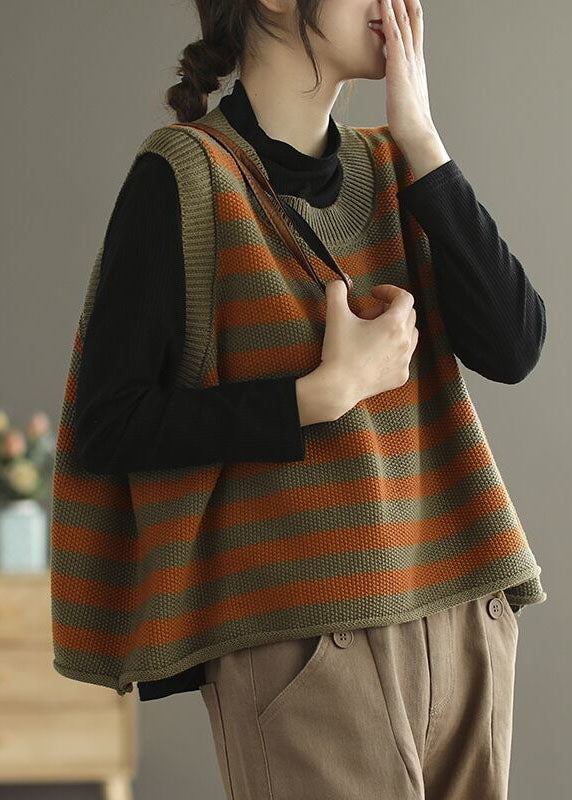 Orange Striped Knit Vest O-neck Oversized Spring
