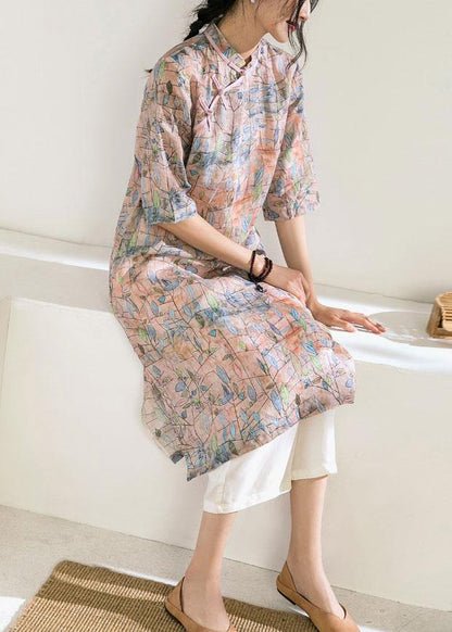 Art Stand Collar Half Sleeve Linen Clothes for Work Pink Print Dress