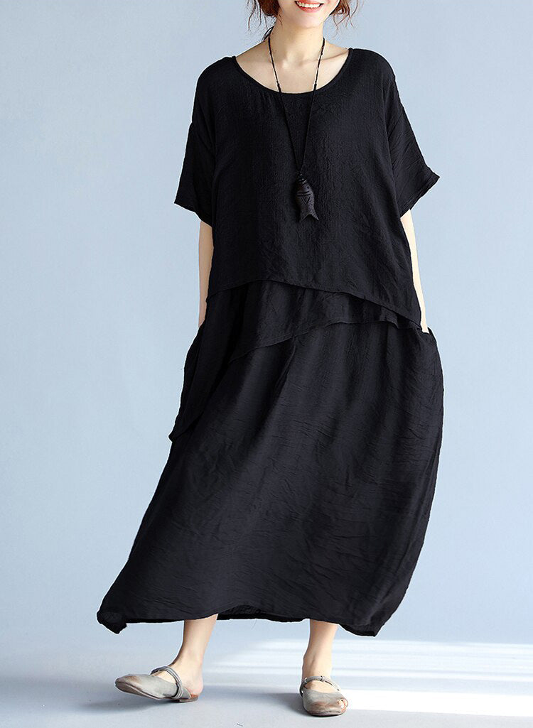 Baggy Gray Long Linen Dresses Oversized Layered Cotton Maxi Dress Short Sleeve Cotton Clothing