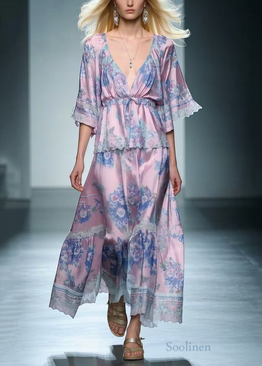 Light Purple V Neck Print Silk Long Dress Summer