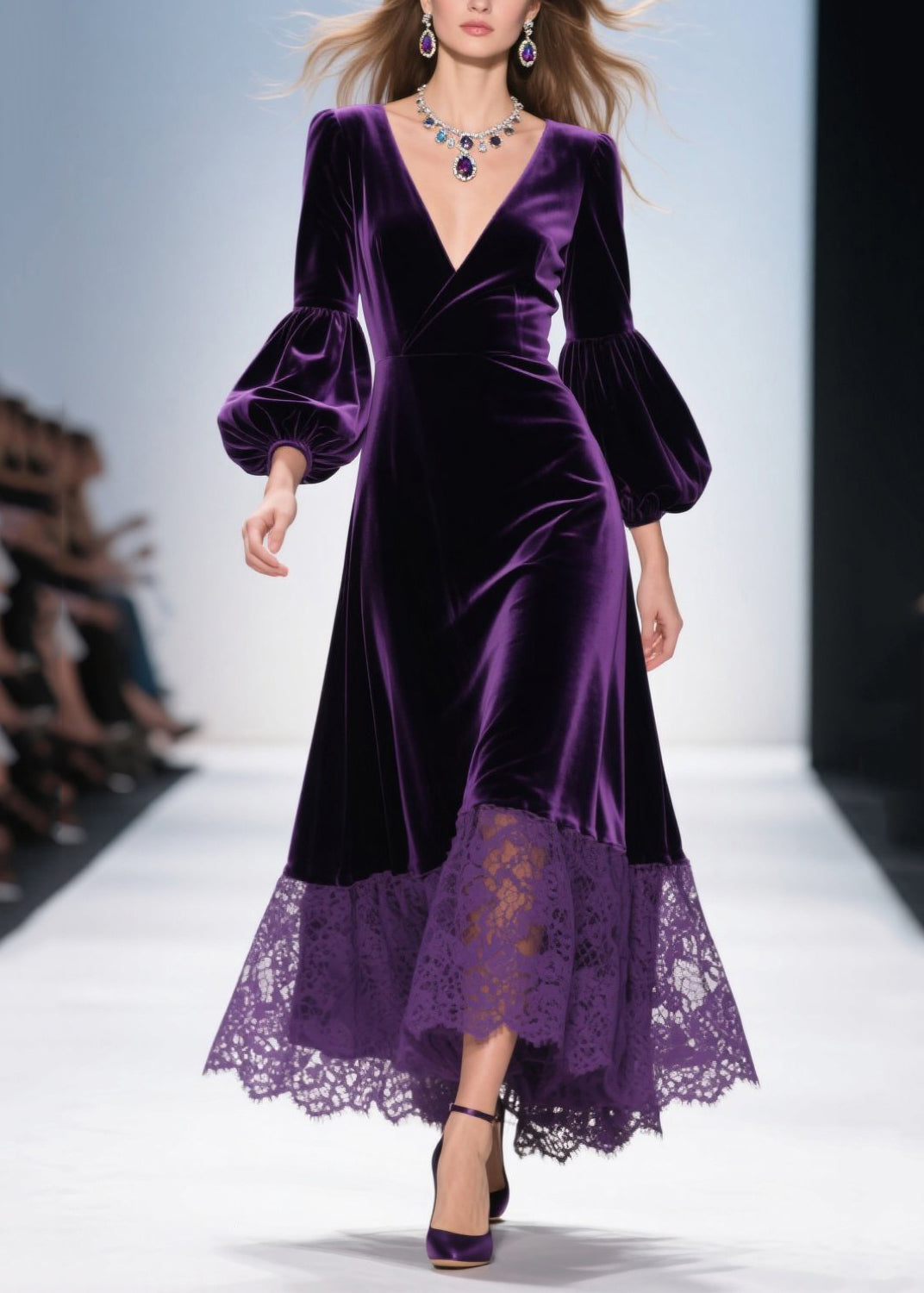 Purple V Neck Lace Patchwork Velvet Dress Fall