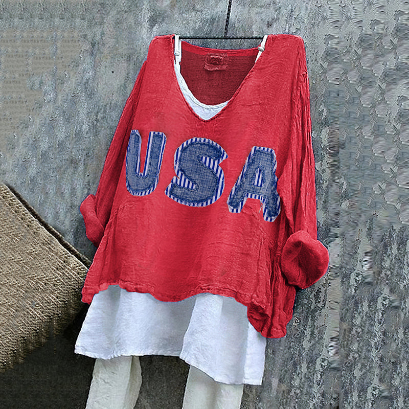 Women's Usa Stripe Applique Art Linen V-neck Shirt elevenforest