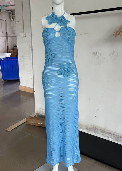 Slim Fit Blue Halter Backless Knit Long Dress Sleeveless