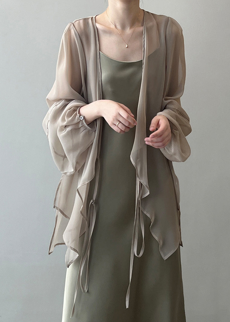 Khaki Chiffon Cardigan Lace Up Long Sleeve