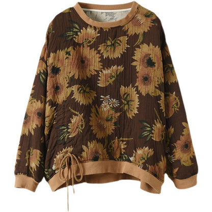 Large Size Slim Round Neck Printed Retro Loose Sweater