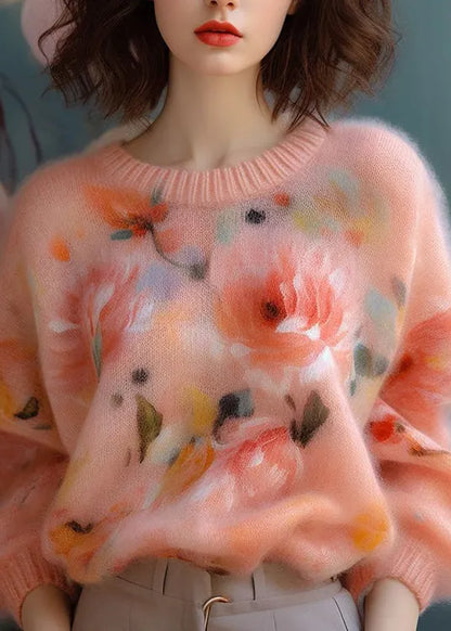 New Pink O Neck Thick Print Cotton Blendt Sweater Fall