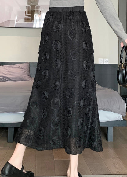 Black Patchwork Cotton Skirt Elastic Waist Spring